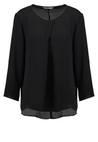 Blusa nera con scollatura rotonda, maniche a tre quarti e vestibilità ampia. Realizzata in tessuto leggero con un pannello posteriore a contrasto.