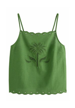 Roheline varrukateta top õhukeste rihmadega, siksakilise servaga, silmaaugudetailide ja keskse tikitud lillemustriga.