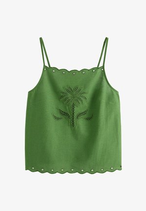 Roheline varrukateta top õhukeste rihmadega, siksakilise servaga, silmaaugudetailide ja keskse tikitud lillemustriga.