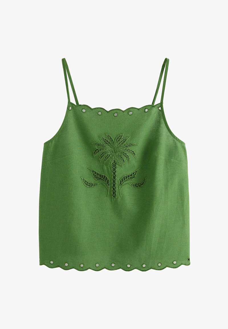 Haut vert sans manches avec fines bretelles, bords festonnés, détails œillets et motif floral brodé au centre.