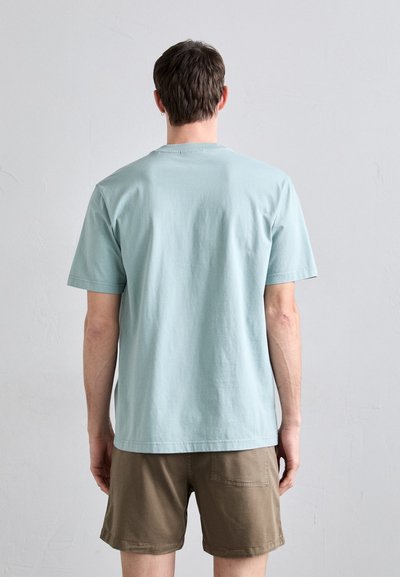 Lyseblå bomull T-skjorte med korte ermer, rund hals og avslappet passform. Bært sammen med brune shorts, som viser et enkelt design.