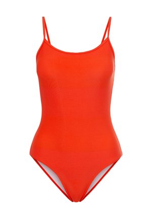 Sarkans viengabala peldkostīms ar plāniem siksniņām, bezšuvju dizainu, augstiem griezumiem un gludu, elastīgu audumu. Bez rakstiem vai metāla detaļām.