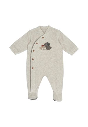 Body beige pour bébé avec pieds, manches longues, boutons devant et deux chiens brodés avec le mot "Chico" sur la poitrine.