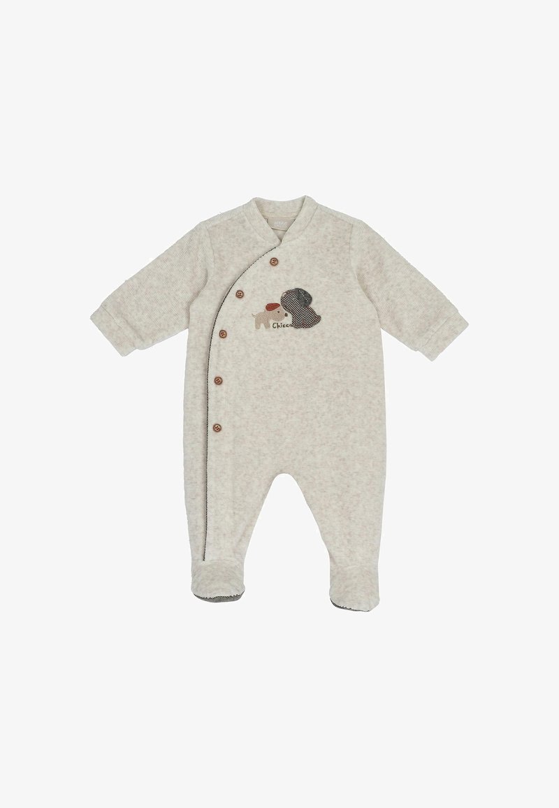 Body beige pour bébé avec pieds, manches longues, boutons devant et deux chiens brodés avec le mot "Chico" sur la poitrine.