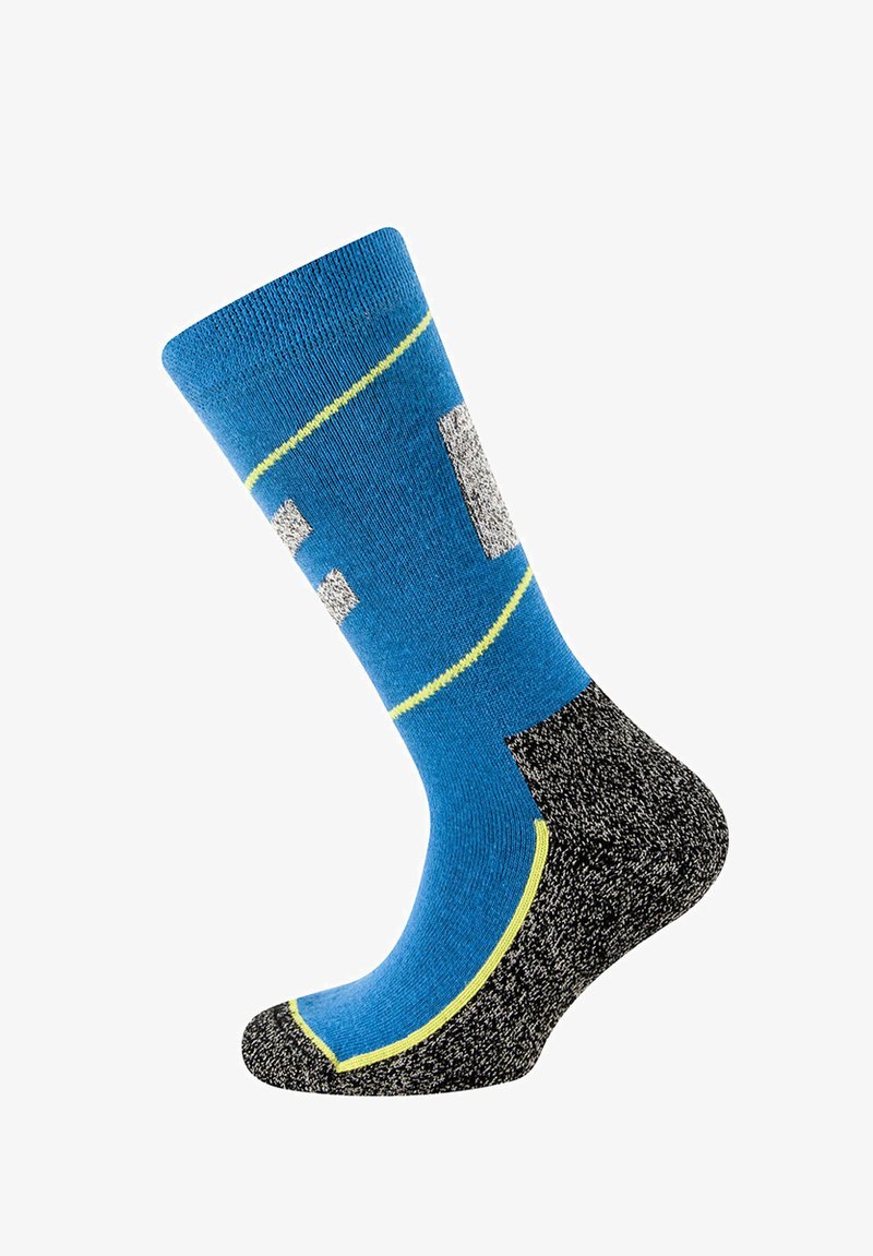 Blauer Socke mit grauem und schwarzem strukturiertem Fußbett, gelben Akzenten und einem geometrischen Muster in Hellgrau, aus geripptem Material.