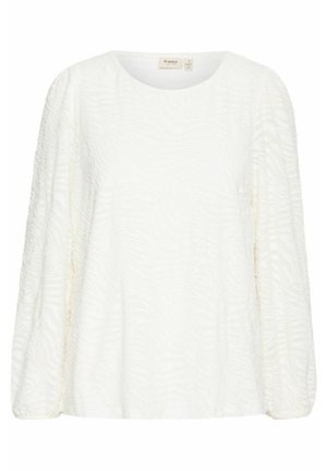 Bílá blůza s dlouhými rukávy a texturovaným zebřím vzorem. Má kulatý výstřih a volný střih, vyrobená z měkké tkaniny.