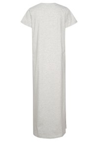 Szara sukienka do kolan wykonana z miękkiego materiału, z krótkimi rękawami, okrągłym dekoltem i bocznymi rozporkami dla ułatwienia ruchu.