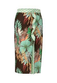 Brauner Bleistiftrock mit grünen und roten tropischen Mustern, einem rüschierten smaragdgrünen Karo-Saum und detaillierten Blättermustern.