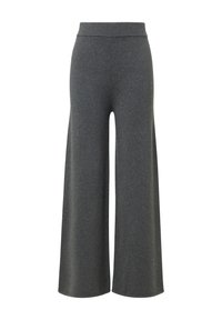 Gray wide-leg pants with a high elastic waistband, made from a soft knit fabric. Features a smooth texture and full-length design.