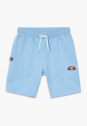 Pantaloncini casual azzurri con fascia in vita a costine, coulisse bianca, tasche laterali e una piccola toppa colorata con logo sulla gamba destra.