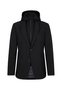 Czarna kurtka posiada odpinany kaptur, dwa guziki, dopasowany krój oraz subtelny, teksturowany wzór na wewnętrznej podszewce.