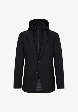 Zwarte jas met een afneembare capuchon, twee knopen, slim fit ontwerp en een subtiel textuurpatroon op de binnenvoering.