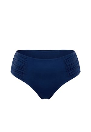 Tengerészkék magas derekú bikini alsó, mindkét oldalon ráncolt részletekkel és sima anyagból készült elülső panellel.