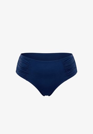 Marineblå bikinitrusser med høj talje, med rynkede detaljer på begge sider og glat forstykke.