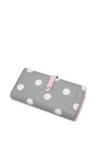 Gray wallet with white polka dots, featuring a pink strap and a silver logo. Smooth texture and rectangular shape.
