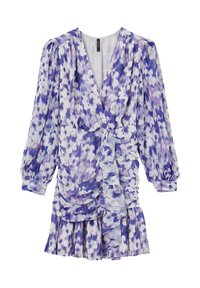 Robe florale mauve en tissu léger. Caracterisée par un design croisé, des manches bouffantes longues, des détails froncés et une jupe évasée.