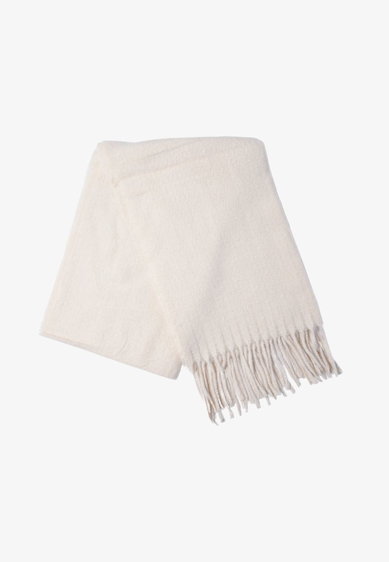 Sciarpa intrecciata crema con una texture morbida, caratterizzata da bordi frangiati e un delicato motivo su tutto il tessuto. Design leggero e versatile.