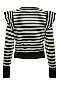 Gestreifter Pullover in Schwarz und Weiß mit gepolsterten Schultern und gerippten Bündchen. Figurbetontes Design, cropped Länge und weiche Textur.