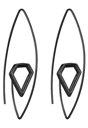 Para czarnych geometrycznych kolczyków z drutu o wydłużonym kształcie kropli i wewnętrznym nieregularnym wzorze pięciokąta.