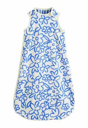 Sleeveless white baby sleeping bag with blue hand-drawn flower and leaf pattern, featuring shoulder snap closures.