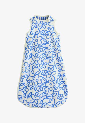 Ärmelloser weißer Babyschlafsack mit blauem, handgezeichnetem Blumen- und Blattmuster, ausgestattet mit Druckknöpfen an den Schultern.