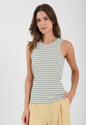 Gestreept tanktop in lichtbeige en gedempt blauw, gemaakt van een aansluitende ribstof. Kenmerkt zich door een ronde halslijn en mouwloos ontwerp.
