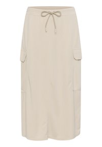 Jupe midi beige en tissu doux, dotée d'une taille à cordon de serrage, de deux poches latérales et d'un design décontracté avec une texture lisse.
