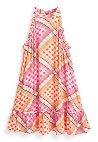 Robe à carreaux colorée en orange, rose et blanc. Présente un col froncé et des ourlets à volants, avec une jupe évasée. Tissu léger.