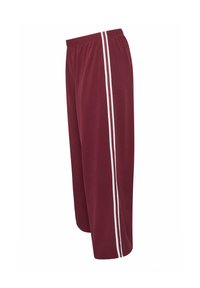 Bordeauxrote Sporthose mit zwei vertikalen weißen Streifen an der Seite, elastischem Bund und lockerem Schnitt.
