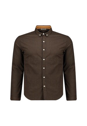 Lange mouw knoopsluiting shirt in donkerbruin met een geometrisch patroon. Voorzien van witte knopen, een klassieke kraag en een licht getailleerde pasvorm.