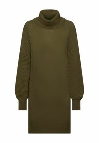 Olivově zelené pletené šaty s rolákem, s jemným žebrováním na rukávech a těle; dlouhé, volné rukávy; rovný střih do poloviny stehna.