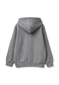 Grauer Kapuzenpullover aus weichem Stoff. Bietet eine lockere Passform, gerippte Ärmelabschlüsse und Saum, ohne sichtbare Logos oder Muster.
