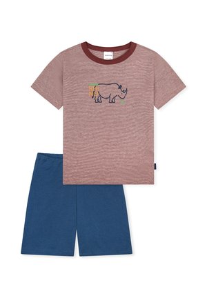 Short-sleeve red-brown striped shirt with rhinoceros graphic and blue shorts, children's casual outfit.
