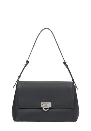 Black leather handbag with a rectangular shape, flat front, adjustable strap, and a silver metal closure detail on the front.