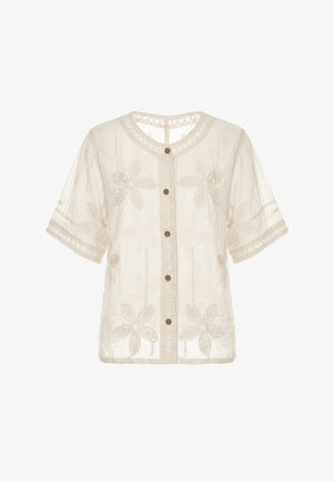 Cremefarbene, kurzärmelige transparente Bluse mit Blumenstickerei, durchgehendem Knopfverschluss vorne und Spitzenbesatz an Kragen und Ärmeln.