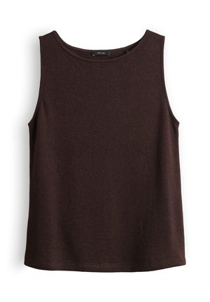 Mouwloos donkerbruin gebreid topje met ronde halslijn, rechte zoom en een label met "OPUS" aan de binnenkant van de achterkraag.