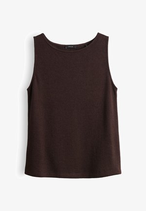 Ärmelloses, dunkelbraunes Stricktop mit rundem Ausschnitt, geradem Saum und einem Etikett mit der Aufschrift "OPUS" am inneren Rückenkragen.
