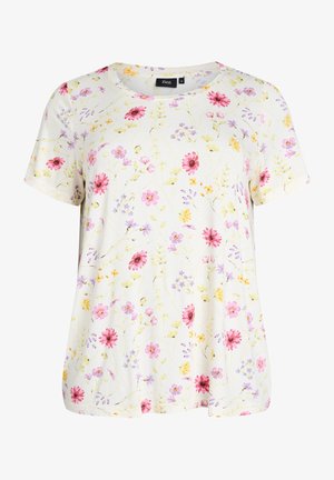 Balta īsroku krekls ar rozā, violetu un dzeltenu ziedu rakstu, apaļu kakla izgriezumu un etiķeti ar uzrakstu "Zizzi", izmērs M.