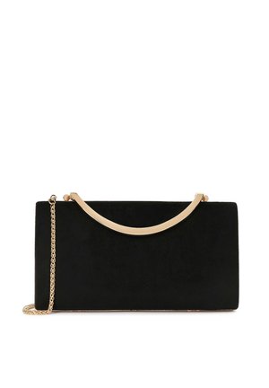 Borsa a tracolla nera in suede con forma rettangolare; dotata di un manico curvo in tonalità oro e una tracolla in catena dorata. Texture liscia.