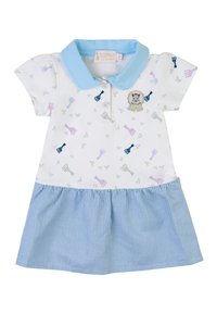 Abito bianco con maniche corte, colletto blu e gonna a righe blu. Presenta motivi giocosi di piccoli animali in verde, viola e blu.