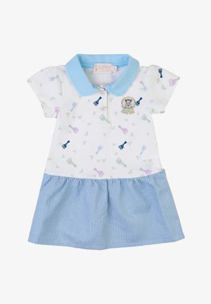 Abito bianco con maniche corte, colletto blu e gonna a righe blu. Presenta motivi giocosi di piccoli animali in verde, viola e blu.