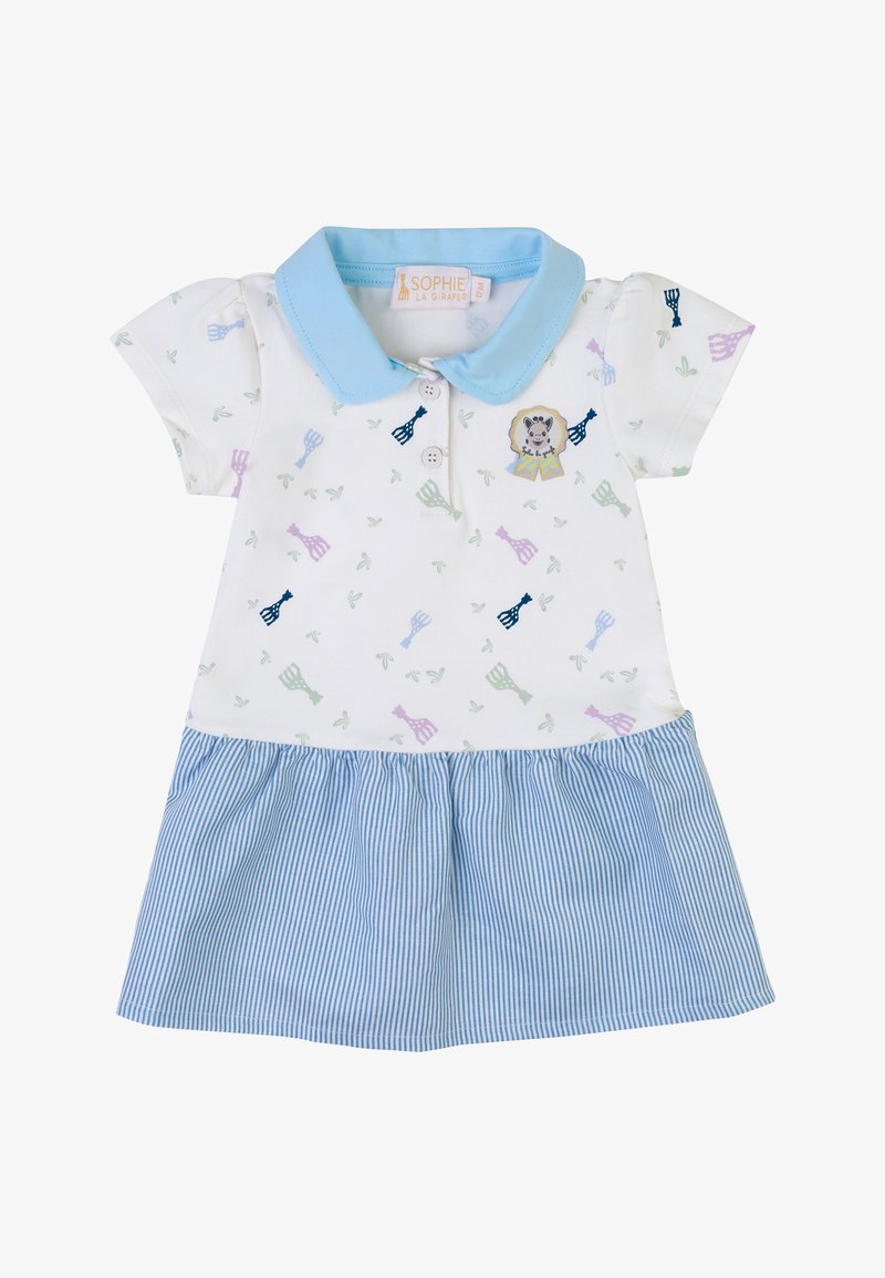Abito bianco con maniche corte, colletto blu e gonna a righe blu. Presenta motivi giocosi di piccoli animali in verde, viola e blu.