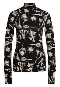 Sort langærmet turtleneck-top med hvide blomstermotiver, blød tekstur og tætsiddende design.