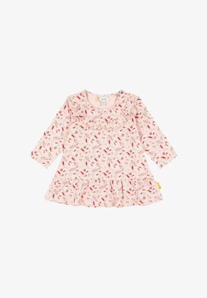 Lyserød langærmet kjole med flæsekrave, blomsterprint i røde og grønne farver og lagdelt bund. Trykknaplukning ved halsen. Blød stoftekstur.