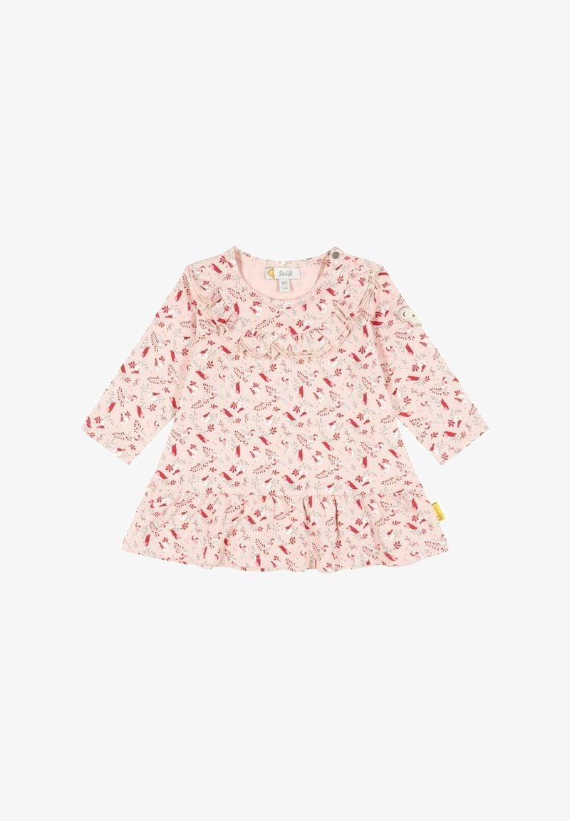 Rosa langärmliges Kleid mit Rüschensaum, floralem Muster in Rot und Grün und gestuftem Saum. Druckknopfverschluss am Hals. Weiche Stofftextur.