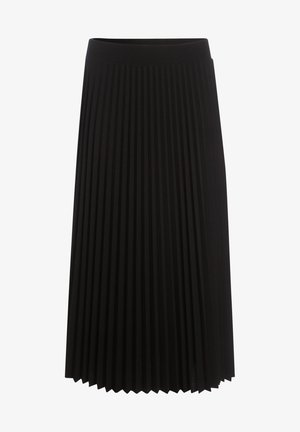 Czarna, plisowana spódnica z szerokim, elastycznym pasem, sięgająca do kolan, z pionowymi plisami, które dodają faktury i ruchu.