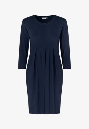 Granatowa sukienka z długimi rękawami, okrągłym dekoltem, plisowanym pasażem i gładką fakturą, do kolan, o luźnym kroju.