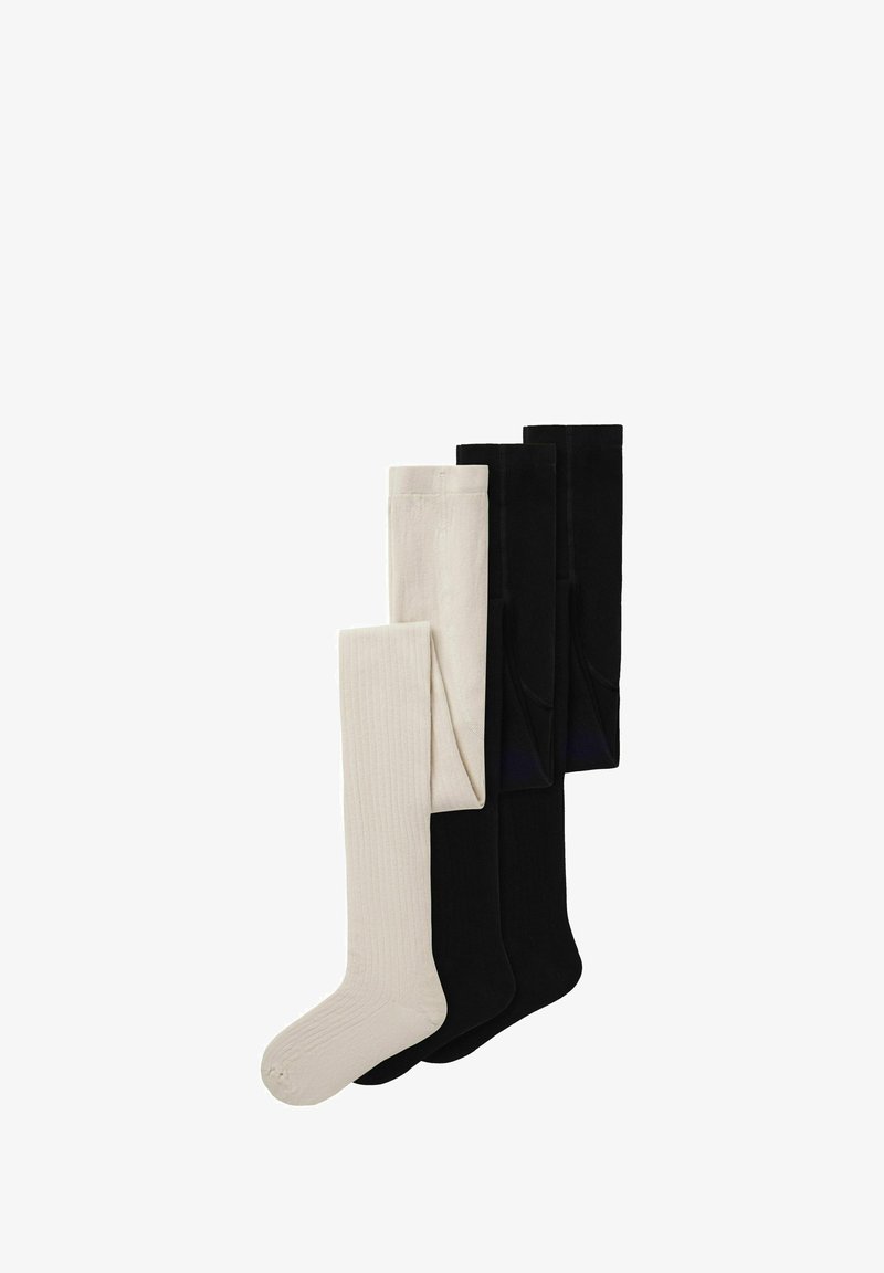 Trois paires de chaussettes montantes : une beige clair avec une texture côtelée, et deux noires unies en tissu lisse. Pas de motifs ni d'accents.