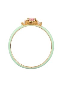 Guld ring med en mintfarvet emaljebånd, der har en central lyserød ædelsten og to klare accentsten på hver side. Glat tekstur med poleret finish.