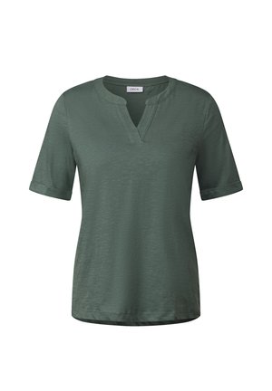 Short-sleeve, olive green T-shirt with a V-neck, made of soft textured fabric, featuring rolled cuffs and a straight hem. CECIL label visible.
